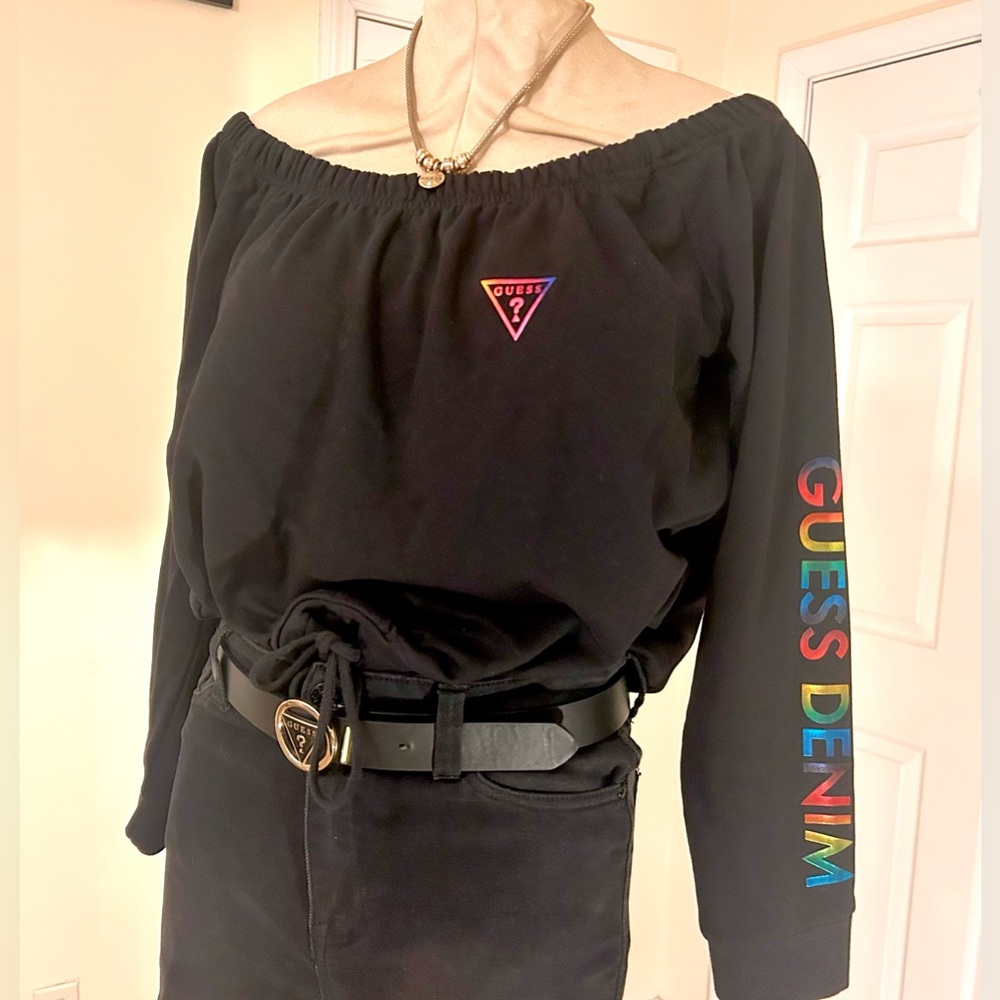 SALE•Guess Rainbow 🌈 Logo Crop Sweatshirt w Drawstring - Picture 1 of 15